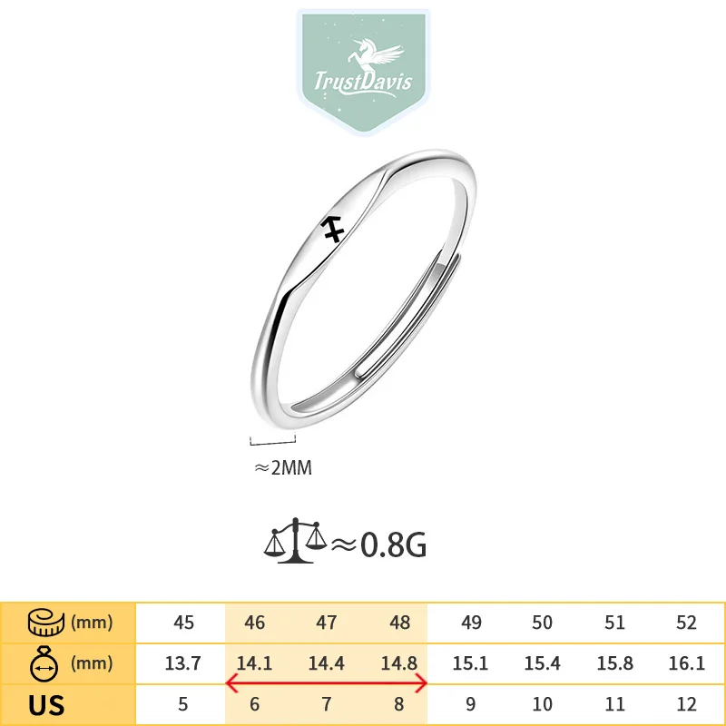 TrustDavis Real 925 Sterling Silver Women's Fashion and Simple Twelve Zodiac Sign Open Ring for Women Gift Jewelry DS4228