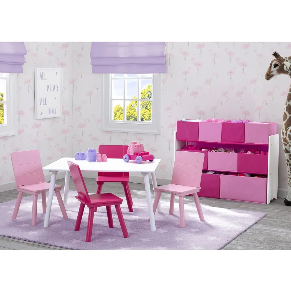 Delta Children Kids Table and Chair Set (4 Chairs Included), White/Pink