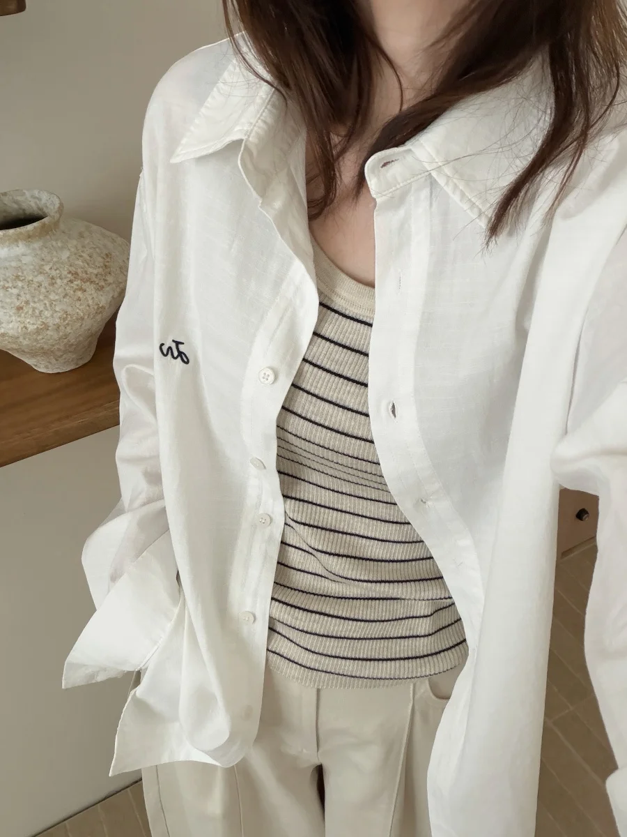 

Spring 2026 Women's Pure Color Thin Collar Shirt Casual Loose Fit Sun Protection Breathable Long Sleeve Button up Top
