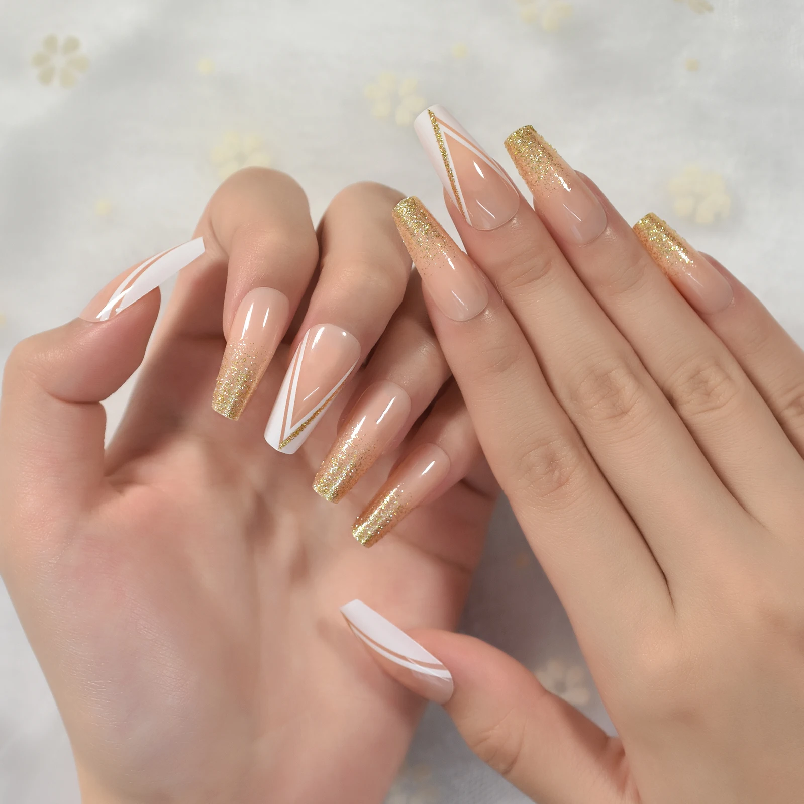 Longo caixão de bailarina nude ouro glitter imprensa francesa em unhas falsas diy manicure reutilizável falso acrílico dicas da arte do prego