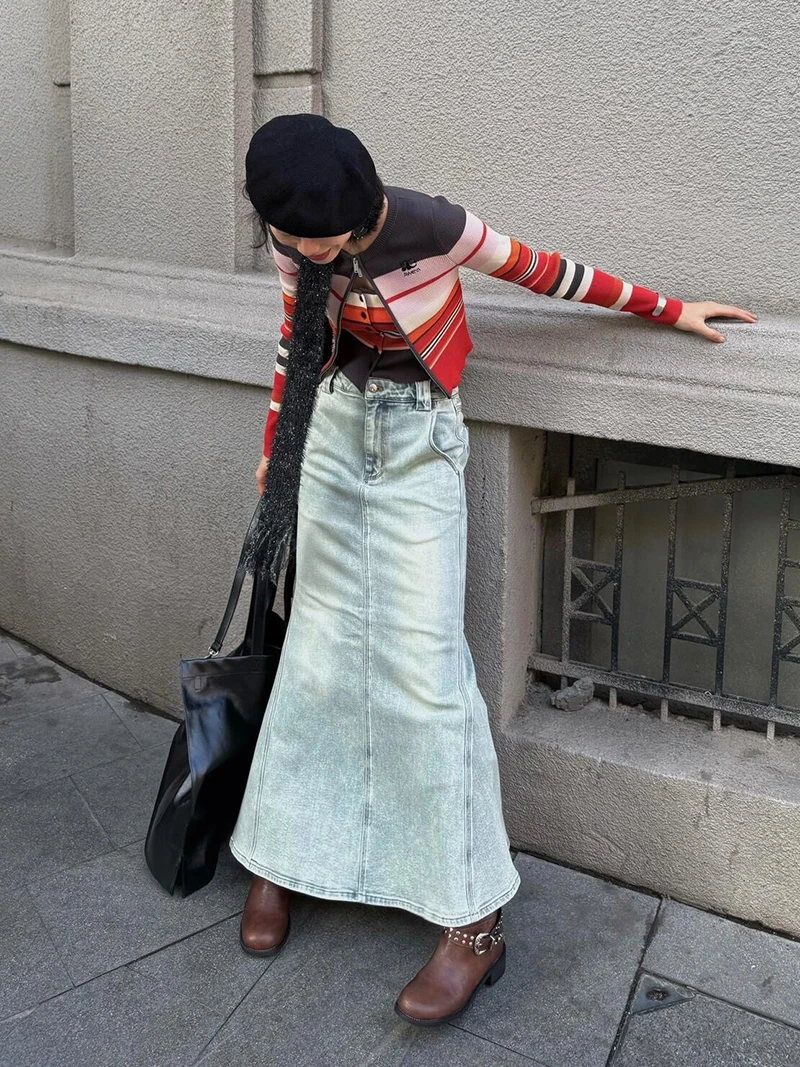 REDDACHiC Vintage Wash Mermaid Long Jeans Skirt Women Solid Casual Slit Black Green Distressed Denim Maxi Skirt Korean Streewear