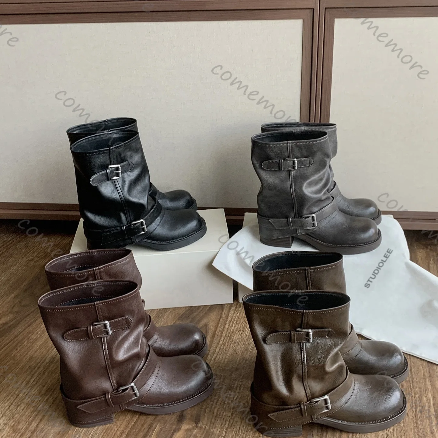 New Fashion Winter Autumn Women Boots Thick Platform Belt Buckle Knee High Booties  Gladiator Vintage Female High Heels Shoes