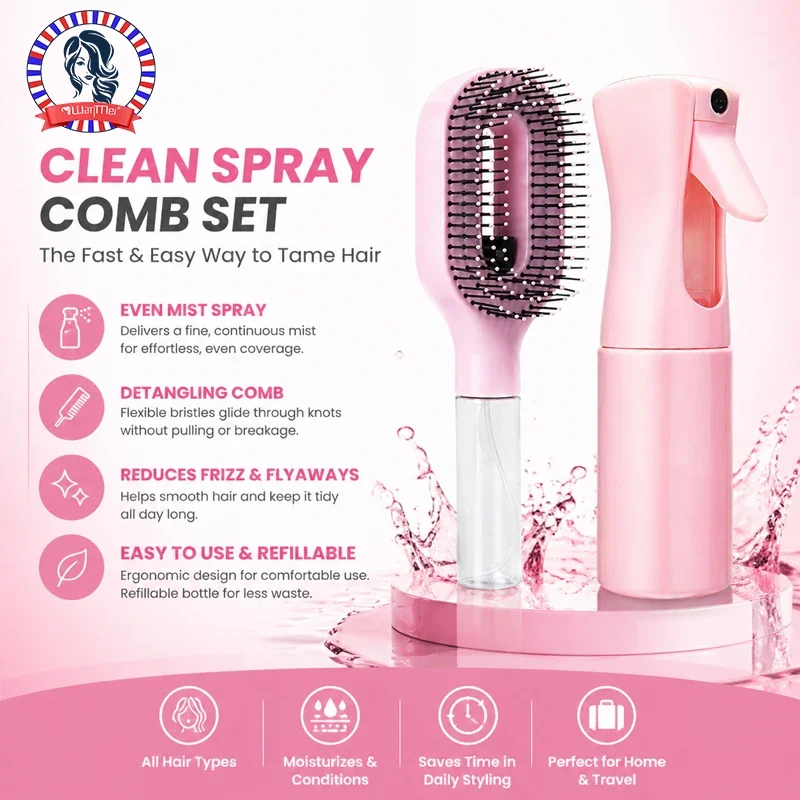 

2-in-1 Spray Hair Brush Set Detangling Anti-Static Scalp Massage Comb with Continuous Mist Spray Bottle for Wet Dry Hair Styling
