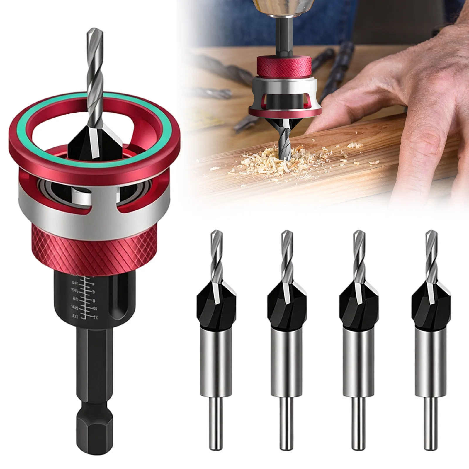 

Two-Flute Counterbore With Adjustable Depth Stop, Countersink Drill Bit Set, 4PCS Four-Flute Tapered Drill Bits For Woodworking