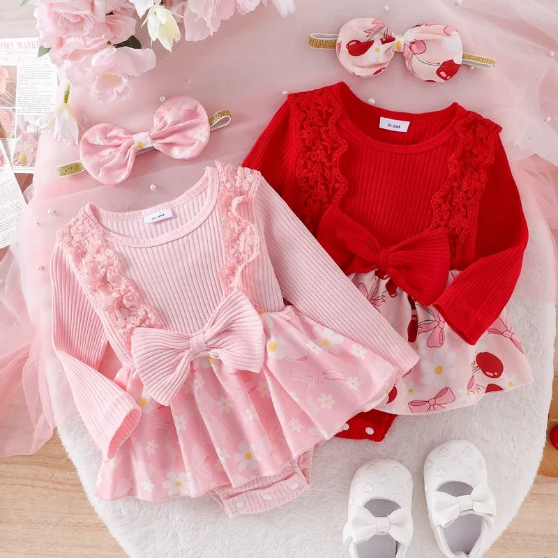 

Autumn Newborn Baby Girls Rompers Clothes Lace Trim Ribbed Floral Print Long Sleeve Bowknot Jumpsuits Skirts Headband Outfits