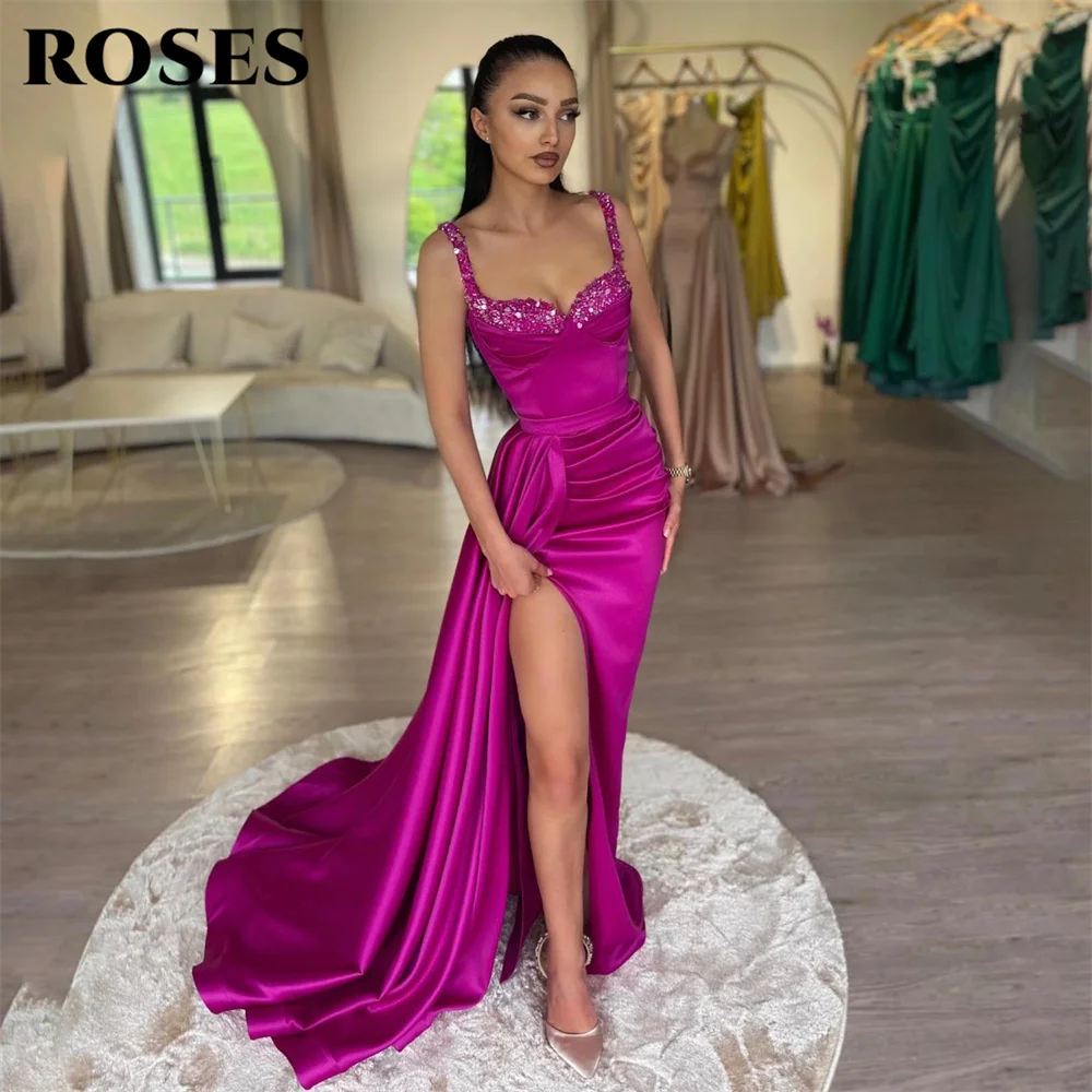 

ROSES Spaghetti Strap Grape Evening Dresses Charming Mermiad Sexy Prom Dress Pleat Stain Sequin Party Dresses vestidos de noche