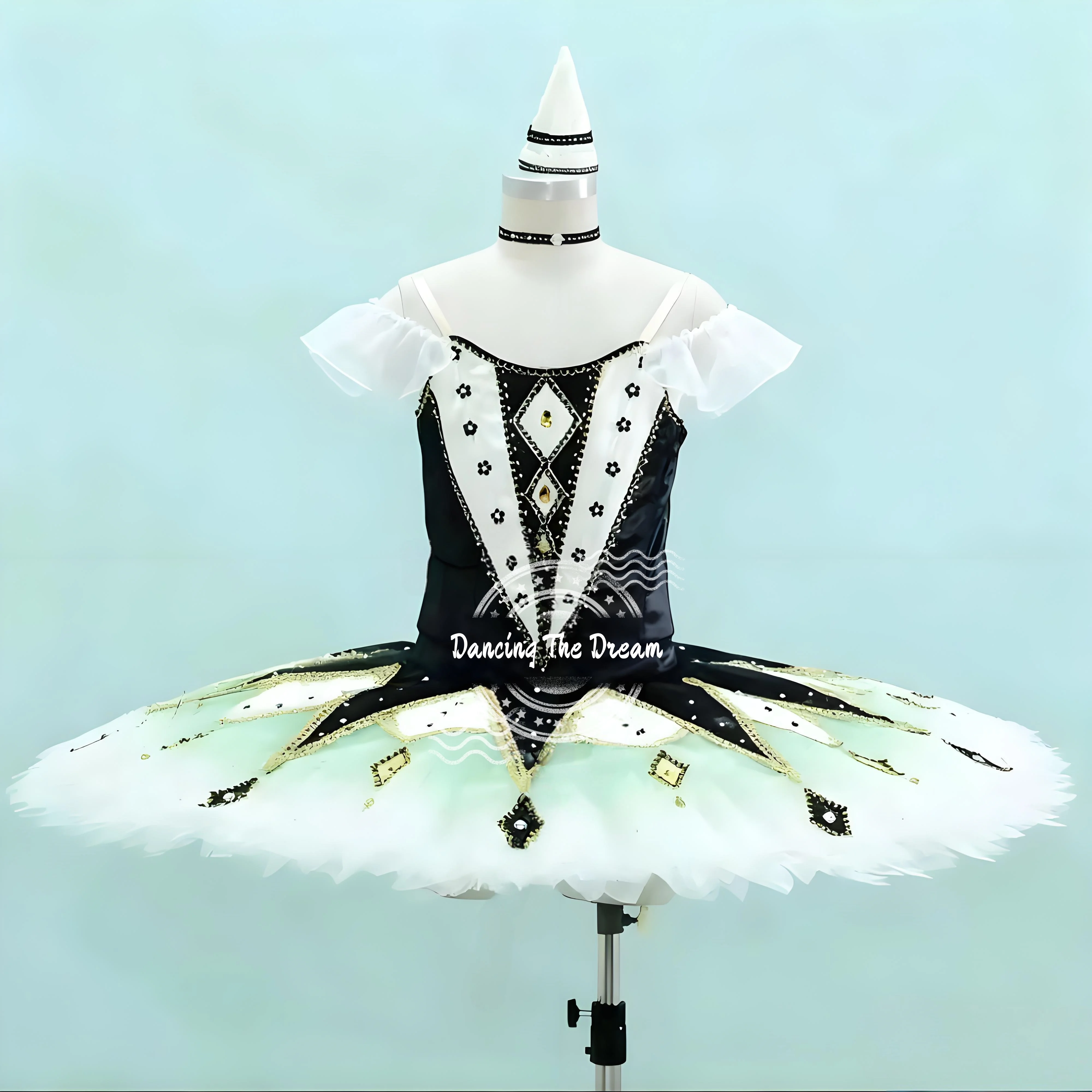 Traje de tutú de Ballet dorado geométrico blanco y negro para mujeres y niñas adultas, accesorios para actuación de baile, disfraces