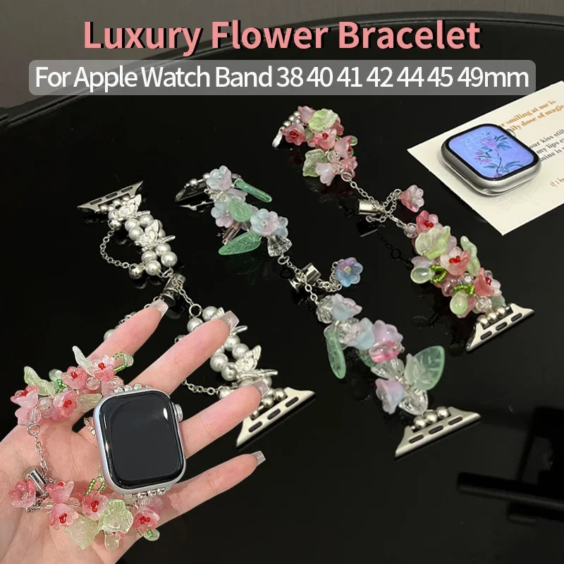 

Luxury Flower Wrist Bracelet for Apple Watch Band 40mm 41mm 44mm 45 38 49 42 Metal Pearl Strap for Iwatch Series 7 8 9 SE 6 5 3