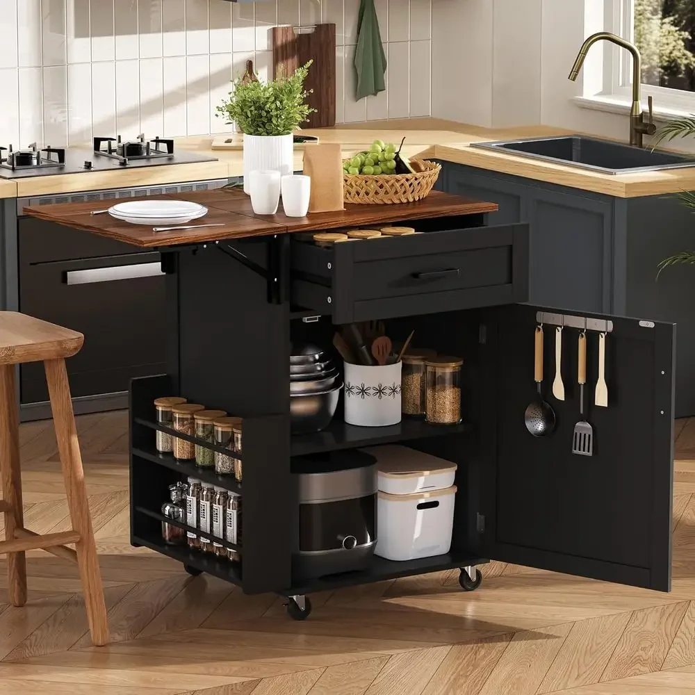 Compact Kitchen Island with Drop Leaf, Rolling Cart with Side Shelf, Towel Bar, and Locking Wheels in Black