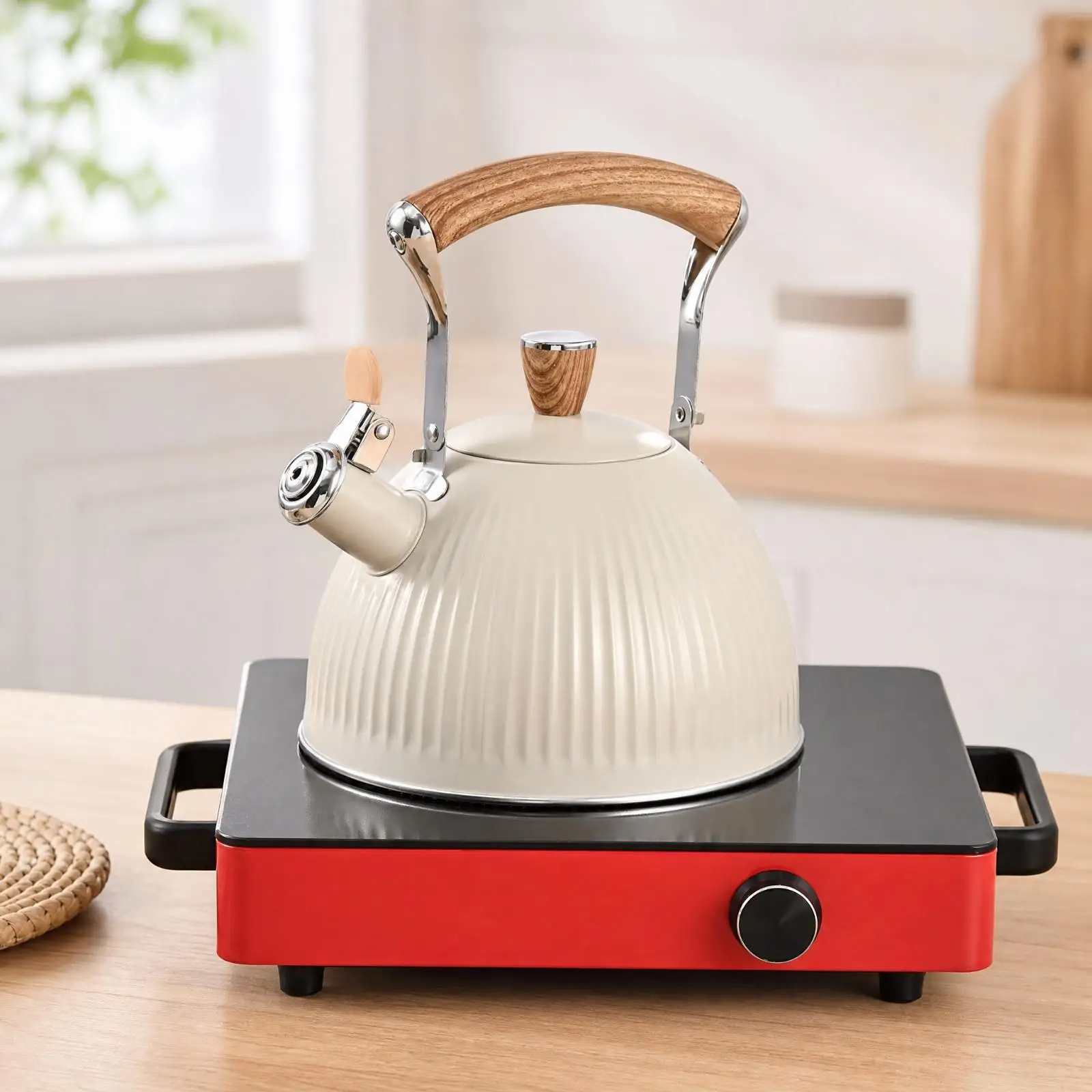 Whistle Kettle Stainless Steel 2.5 Liter Stovetop Teapot for Gas Induction Cooker with Wood Accent Lid Knob