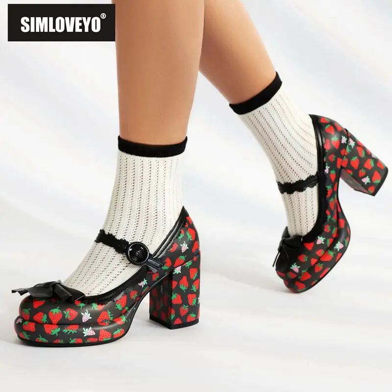 SIMLOVEYO Janes Women Pumps Round Toe High Heel 8.5cm Platform Bowknot Strawberry Mixed Color 33 41 42 43 Sweet Girls Shoes