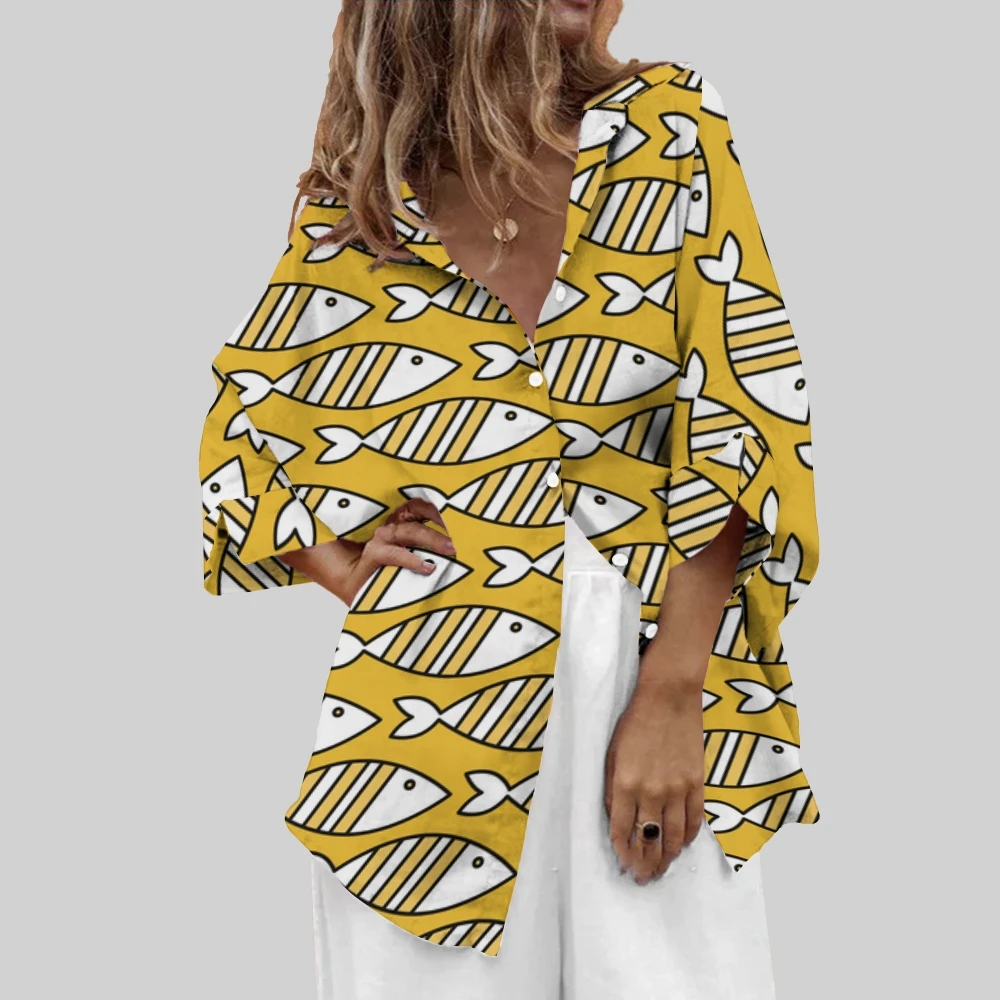 

Yellow Striped Boho Fish Minimalist Retro Women's Printed Casual Shirt Matisse Abstract Trendy Stylish Outfit Art Aesthetic Top