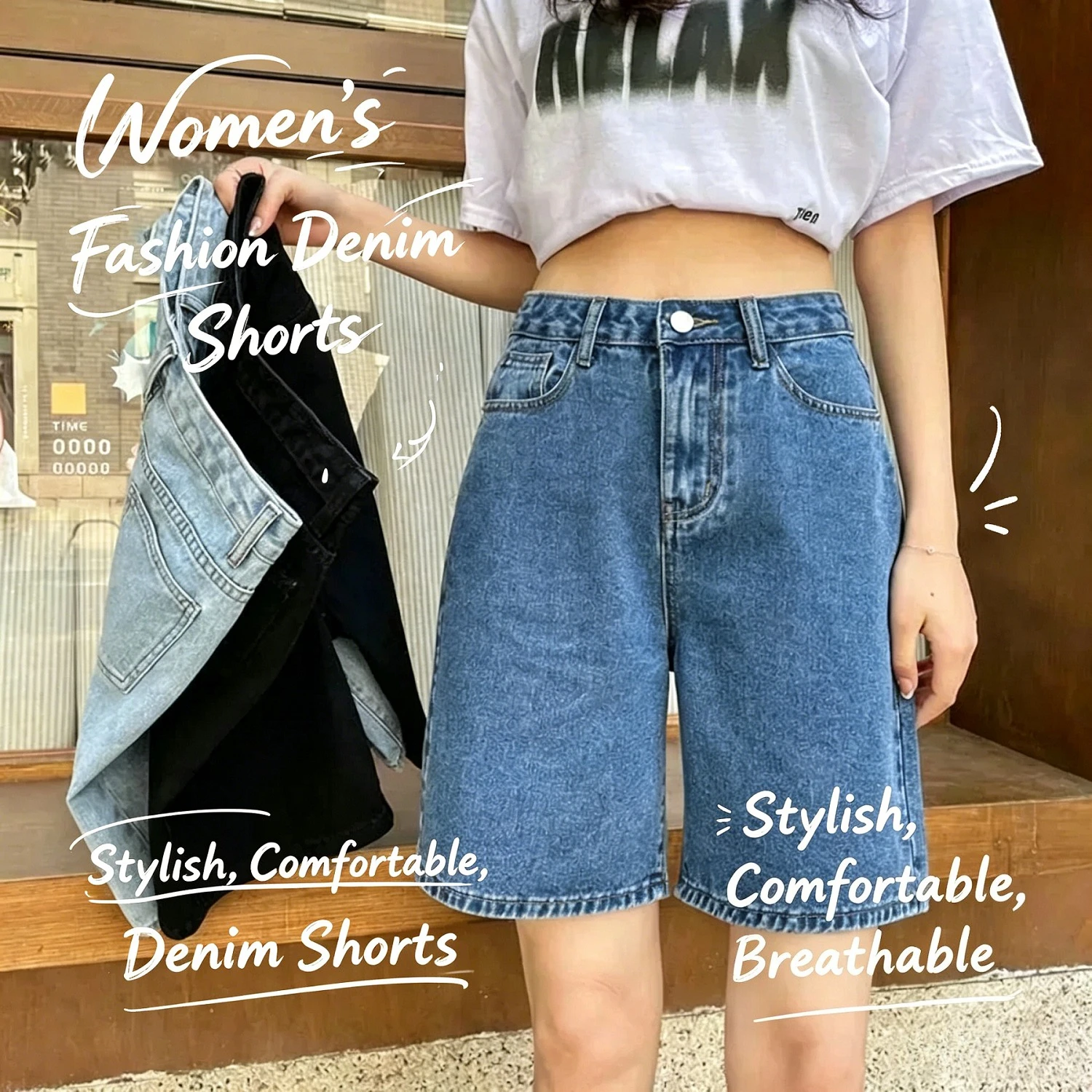 Korean Style Classic Denim Shorts Women Summer Blue High Waisted Shorts Wide Leg Pants Streetwear Stright Jeans Womens Shorts