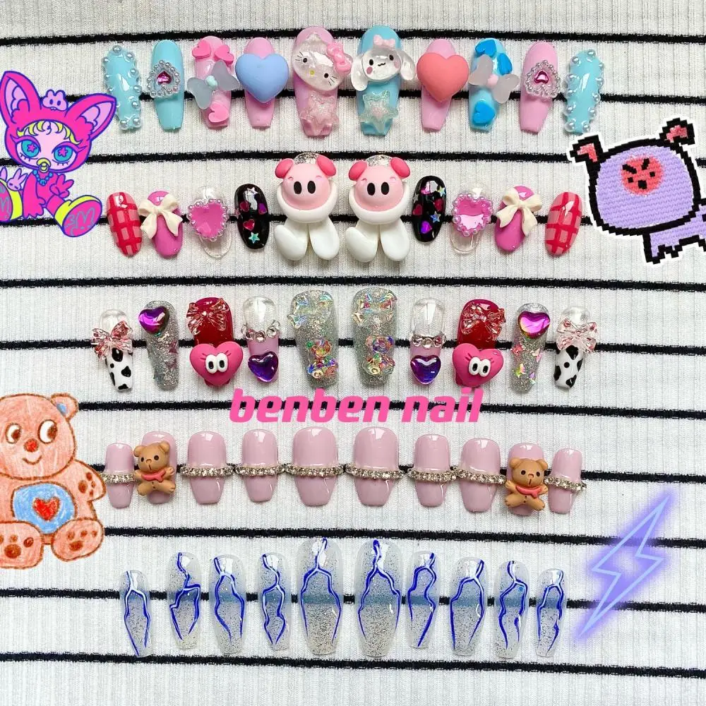 Kawaii Sanrios Fake Nails Hello Kitty 3D Anime Cartoon Wearing Armor Fingernails Reusable Detachable Handmade Manicure Cute Gift