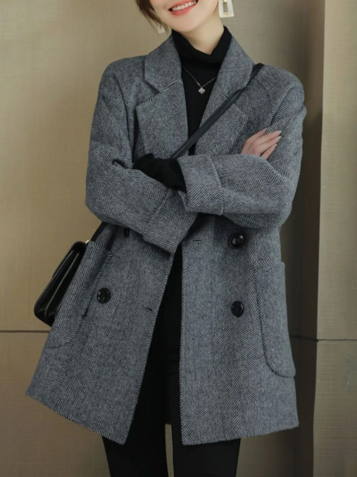 

Шерстяное пальто в стиле ретро с воротником-стойкой, средней длины, в корейском стиле, универсальное, осенне-зимнее, модная женская верхняя одежда