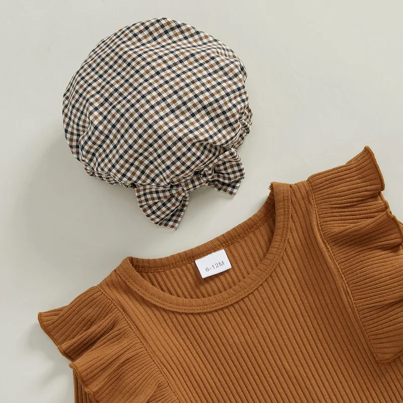 Ensemble jupe et chapeau en tricot pour bébé fille de 1 à 5 ans, vêtements de printemps et d'automne, couleur unie, à volants, manches longues, short en Y