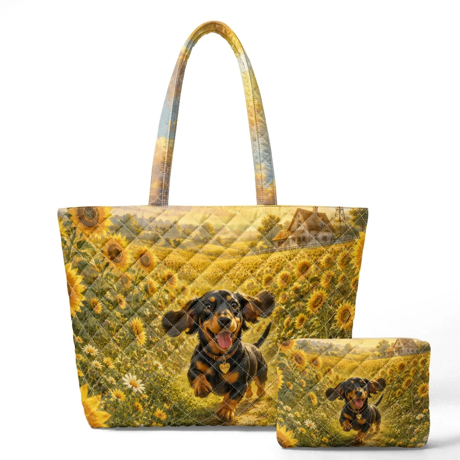 Coloranimal Geometric Pattern 2Pcs Quilted Casual Tote Bag Handbag with Wallet Top Handle Shoulder Bag for Travel Use