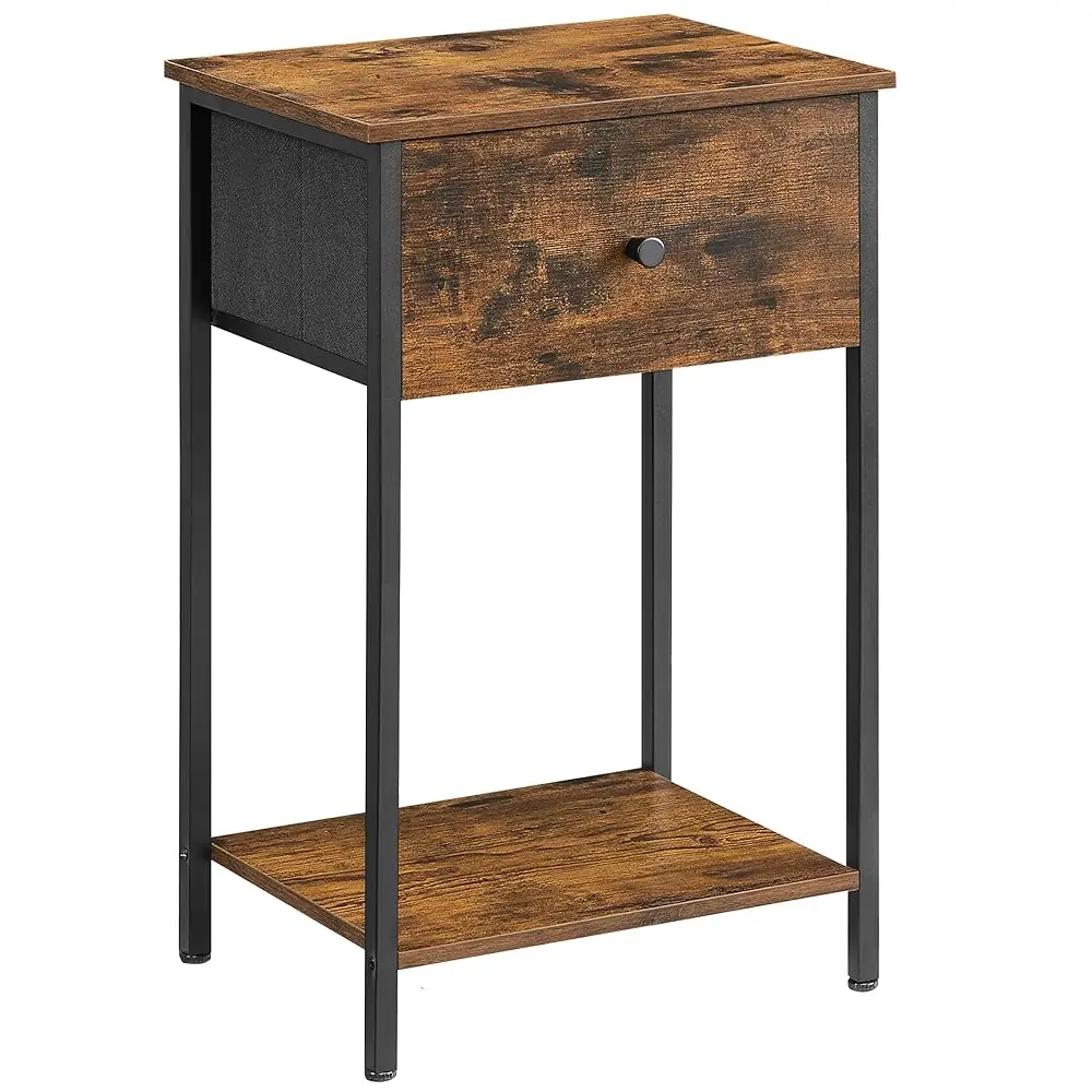 

Nightstand, Side Table With Fabric Drawer, 24-Inch Tall End Table With Storage Shelf, Bedroom, Rustic Brown And Bla
