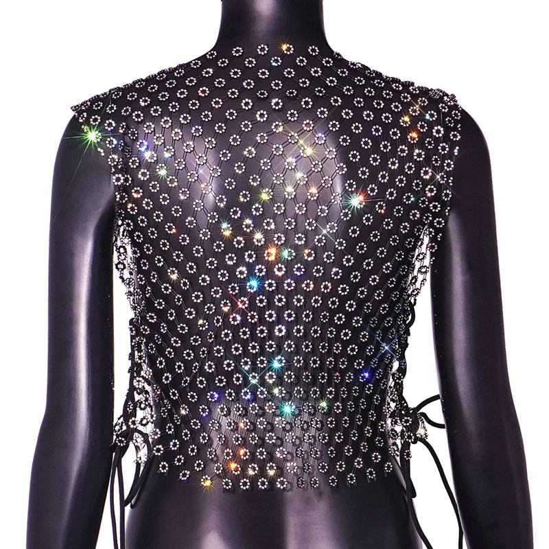 Damen Glitzerndes Blumen-Strass-Netz-Crop-Top Durchsichtiges Fischnetz-Tanktop Rückenfreies Schnür-Party-Clubwear Damen-T-Shirt 2026 – Detail 7