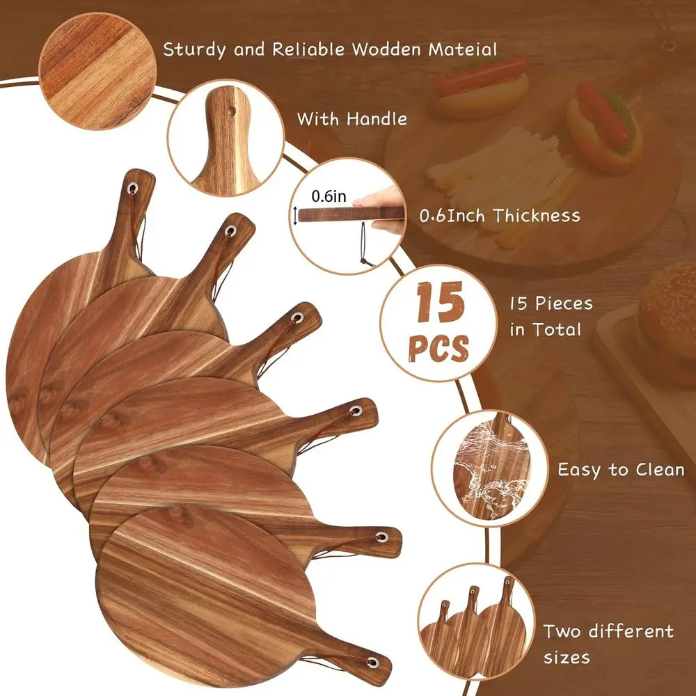 Conjunto de 15 placas de madeira de acácia com alça - grande, médio e pequeno para servir, cortar e assar