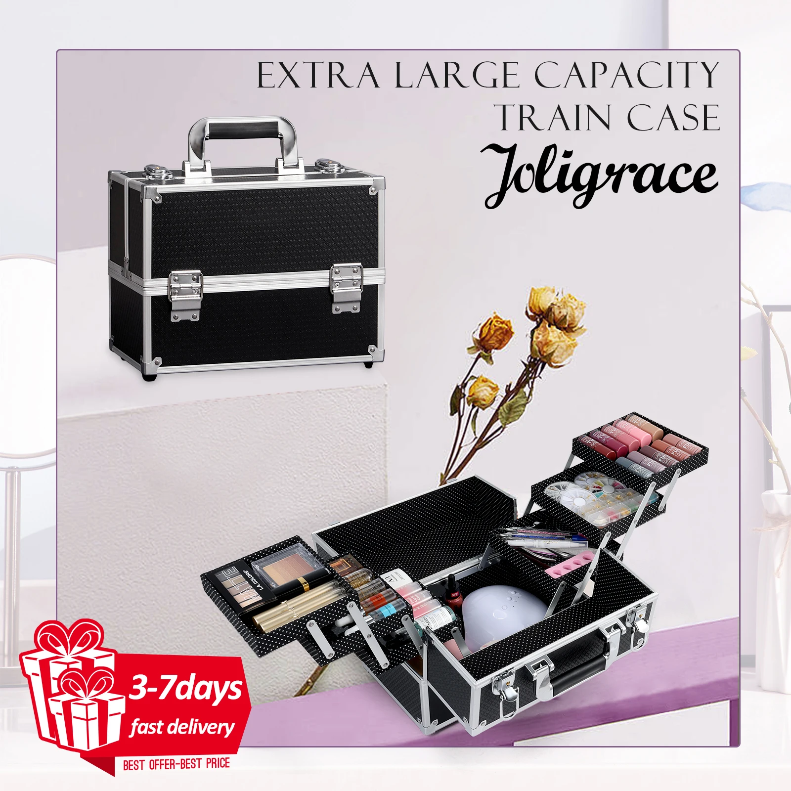

Professional Nail Suitcase Travel Portable Large Capacity Manicure Makeup Case with 6 Trays Makeup Box Keys for Make-up Artists