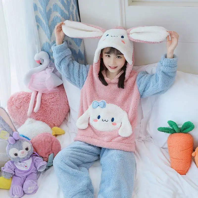 Anime Kawaii Sanrio My Melody Children's Pajamas Set Sleepwear Thicken Winter Hooded Loungewear Coral Fleece Keep Warm Home Wear