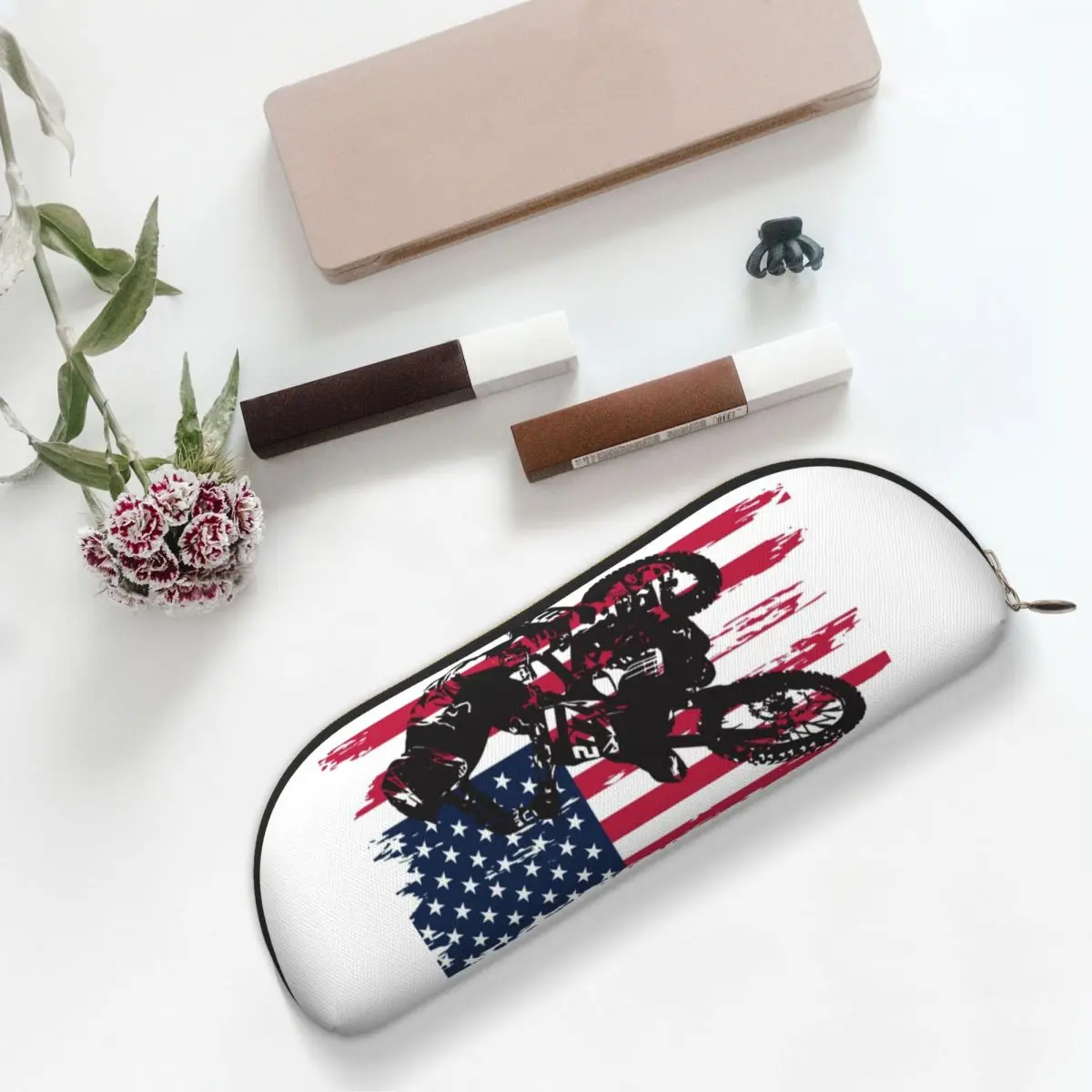 ダートバイクモトクロス米国アメリカ国旗鉛筆ケースペンホルダー収納文具用品大容量収納ペンボックス鉛筆バッグ