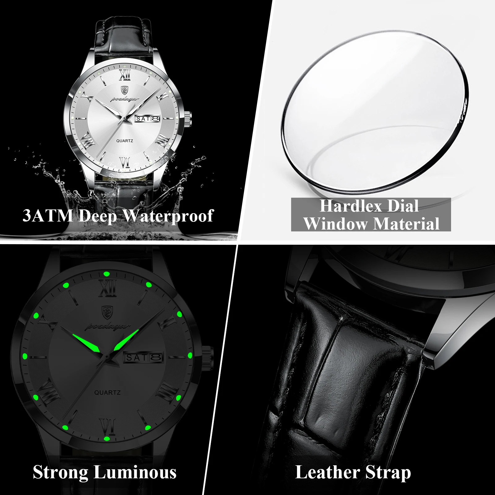 POEDAGAR Business Fashion Men's Watch Date Week Waterproof Luminous Leather Man Watch High Quality Casual Quartz Watches For Men