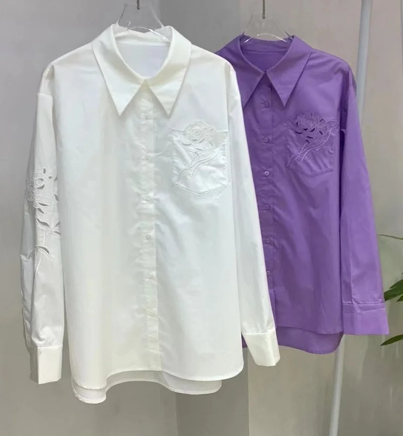 High Quality Brand New Shirts 2024 Spring Fashoin White Purple Shirts Women Turn-down Collar Flower Embroidery Cotton Shirts