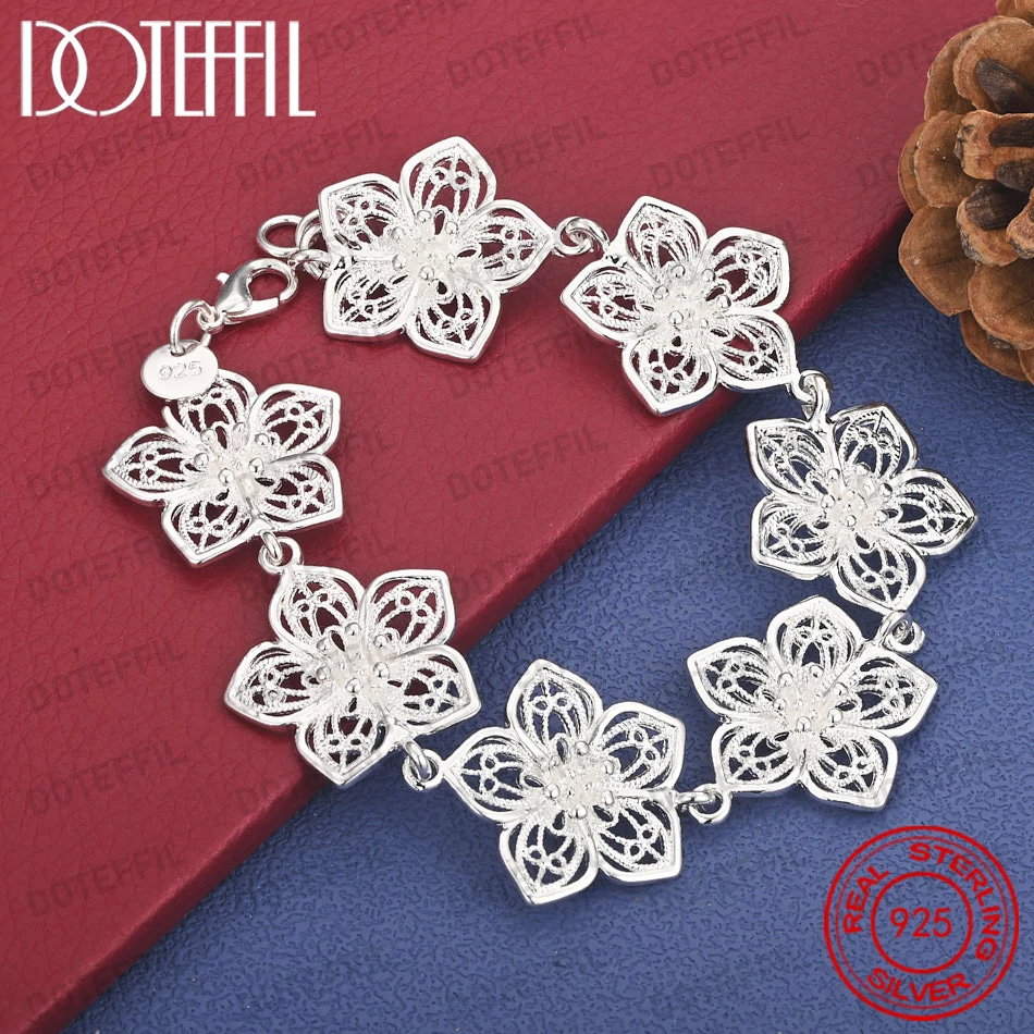 925 Sterling Silber 8-Zoll Exquisites Durchbrochenes Blumen-Armband, Modisches Damen-Accessoire für Partys und Hochzeiten