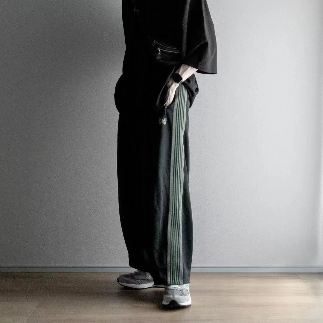 

Needles Tra Embroidery Sports Casual Wide Leg Pants Trendy ex Straight Leg Trousers with Belt Loop