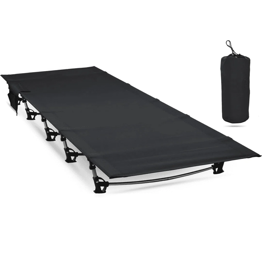 

75" Portable Camping Cot for Adults, 330 lbs Folding Camping Bed with 5 Stabilizers & Side Pocket, Black Guest Bed