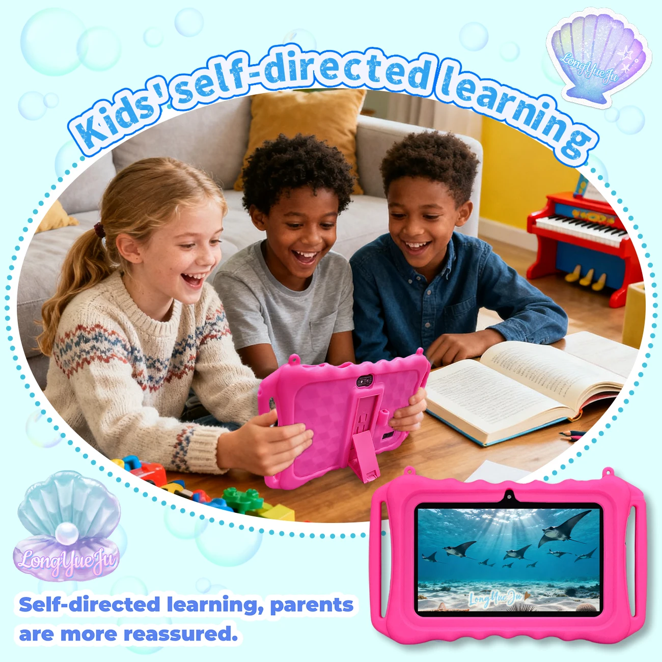 Tablet Android da 7 pollici, 2 GB+32 GB, supportato WiFi, controllo parentale, tablet educativo, custodia protettiva, regalo di festa, blu/rosa