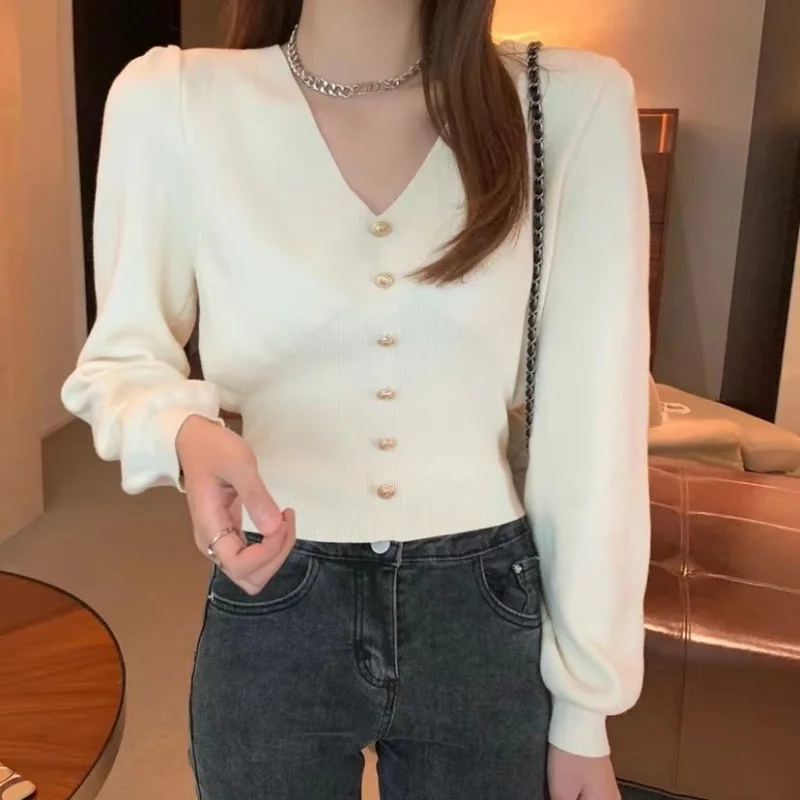 Fashion Vintage Long Sleeve Short Women Sweater 2024 Autumn V-neck Cardigan Elegant Solid Casual Knitted Tops