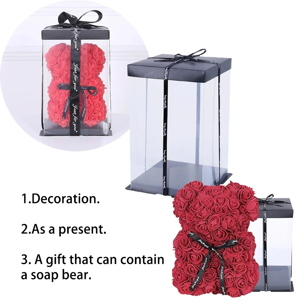 28/40cm Artificial Rose Foam Bear Transparent Box Valentine's Day Flower Gifts Cake Packing Box For Wedding Birthday Party Decor