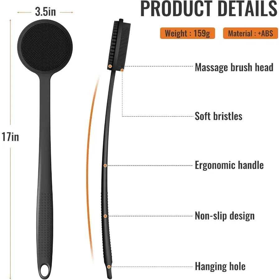 غسيل خلفي من السيليكون للاستحمام بطول 17 بوصة، فرشاة استحمام بمقبض طويل، فرشاة استحمام مزدوجة الجوانب لتقشير الدش وMas