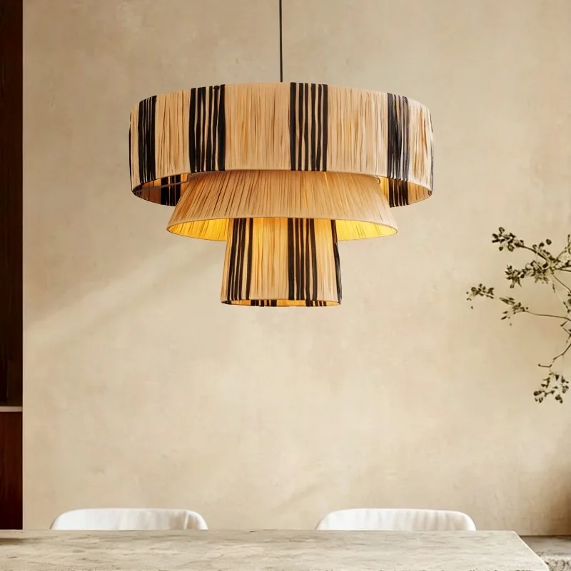 Japanese Wabi Sabi Lafite Grass Woven Pendant Lights Living Dining Room Hanging Lamps Coffee Shop Hotel Home Decor Chandelier