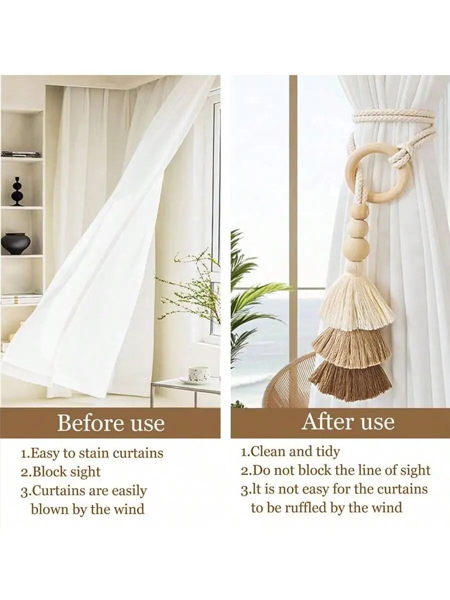 2pcs Wooden Bead Curtain Tiebacks,Bohemian Curtain Clasp,Tassel Curtain Clasp, Curtain Tiebacks for Bedroom Window Treatment