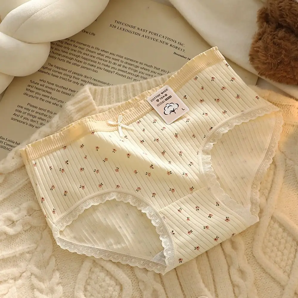 5Pcs Bowknot Lace Flower Panties Cotton Crotch Mid Waist Sweet Floral Briefs Underpants Lingerie Underwear for Women Lady