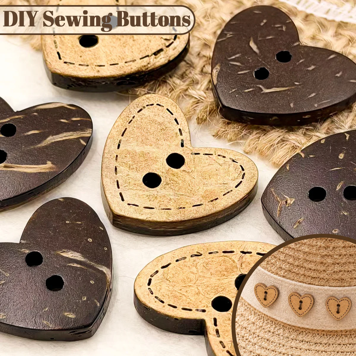 20pcs 19mm Coconut Shell Heart Buttons, Natural Wooden Sewing Buttons for Sweaters, Hats, Bags and DIY Crafts