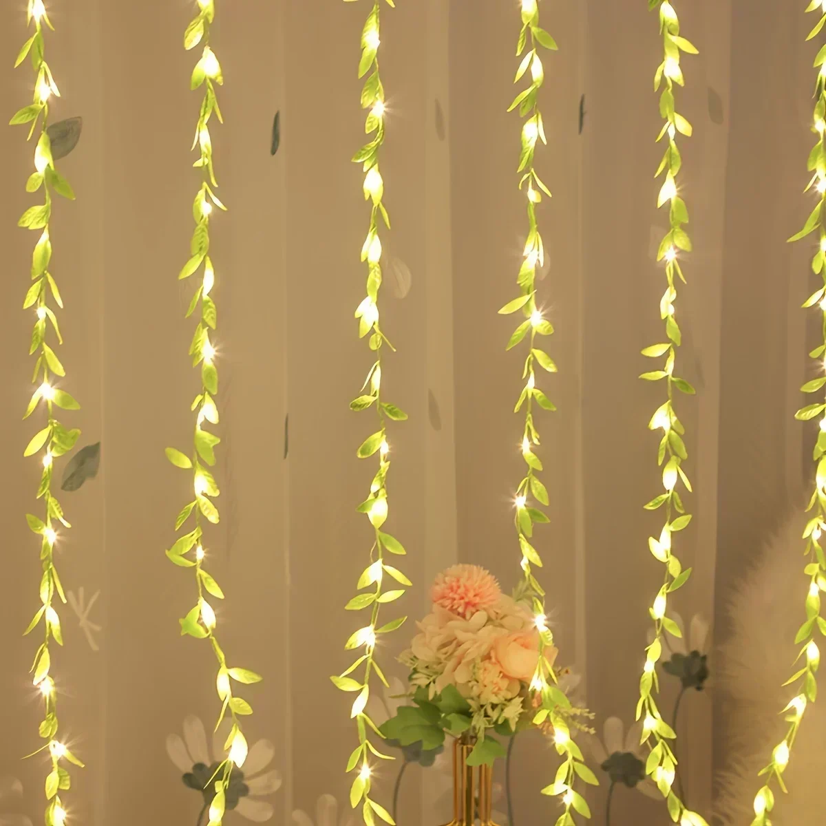 2/3M 20LED Leaf String Lights USB Plug Willow Curtain Lamp Bedroom Decorative Imitation Green Leafy Rattan Copper Wire Light