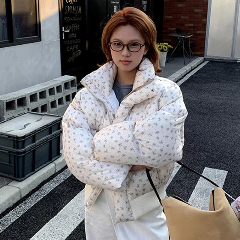

Floral Print Warm Winter Puffy Coat Women Long Sleeve Korean Sweet Parkas Jacket Harajuku Y2K Preppy Style Casual Outwear