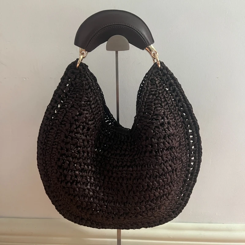 

Bohemian Hollow Out Handbag Women Vintage Rattan Weave Evening Clutch Bag Elegant Banquet Party Purse Half Moon Shoulder Bag