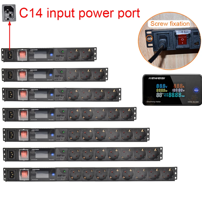 PDU Stekkerdoos C14 interface Overspanningsbeveiliging Voltmeter Ampèremeter Power Energy Meter 2/3/4/5/6/7/8/9 Europa Duitse stopcontacten