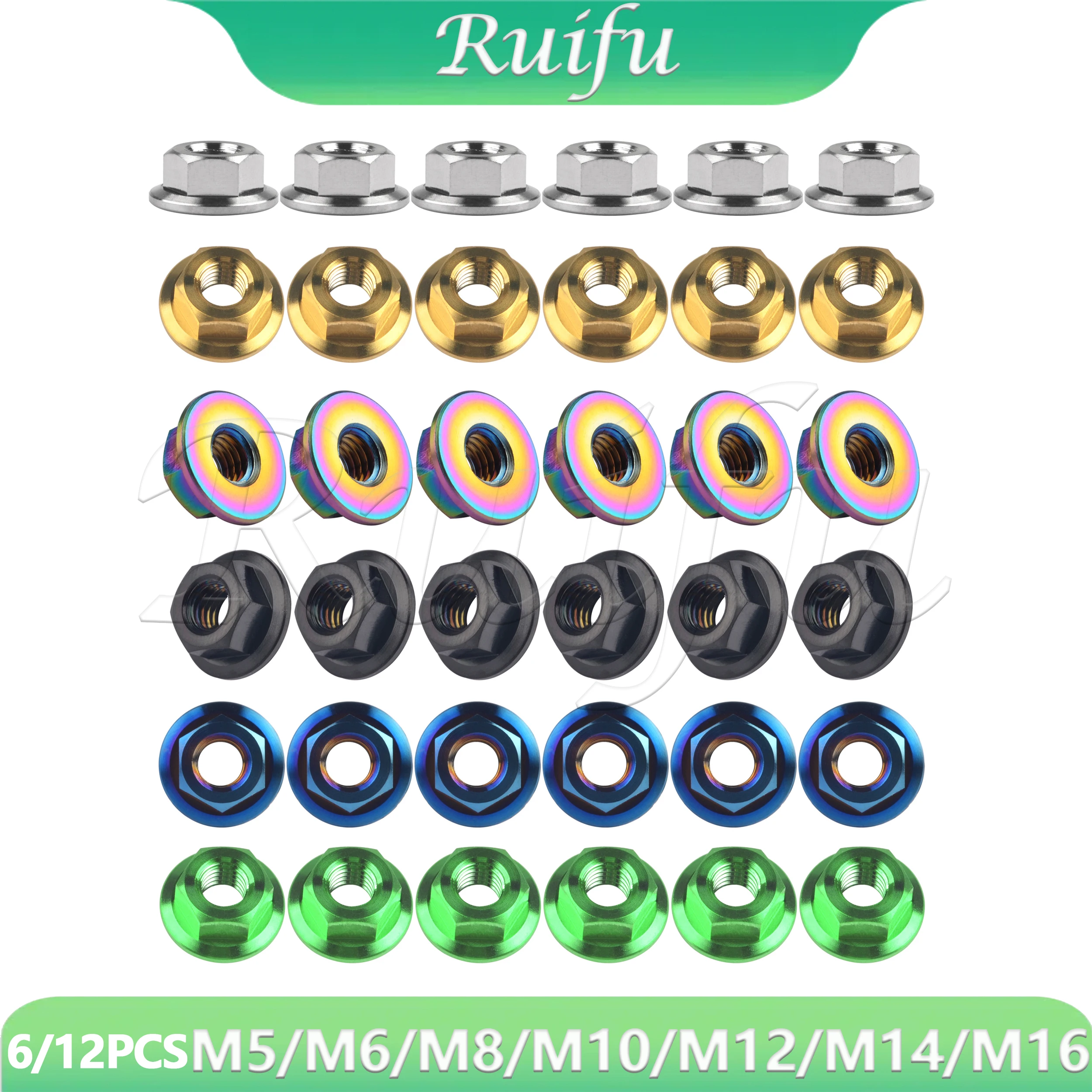 

Ruifu Titanium 6/12PCS Ti Nut M5/M6/M8/M10/M12/M14/M16 Flange Nut Bolt Cap for Motorcycle Bicycle Bike