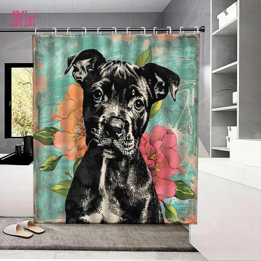 Cute Puppy Portrait Shower Curtain Bathroom Decor Tropical Floral Dog Art Shower Curtain Waterproof Shower Curtain
