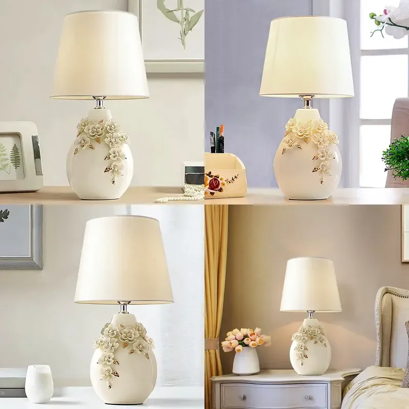 Vintage Carved Flower Ceramic Table Lamp Luxury Modern Bedroom Decorative Cloth Shade Hotel Bedside Reading Light