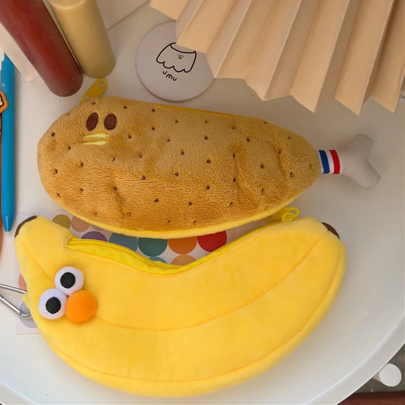 1Pcs Cartoon Chicken Leg Plush Bag Cute Big Eye Banana Pen Bag Soft Plush Cosmetic Bag Student Stationery Storage Kid Coin Purse