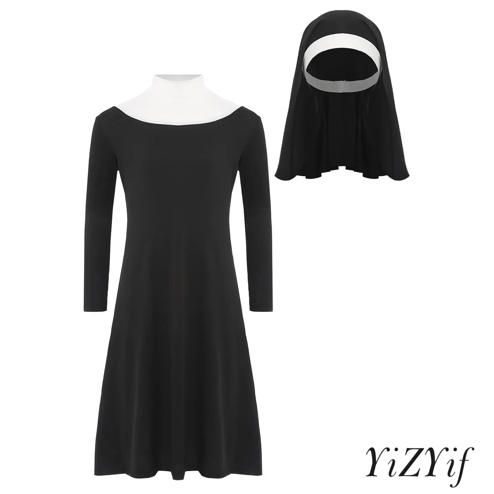 

Kids Girls Nun Costume Set Nun Roleplay Dress Mock Neck Long Sleeve Dress Matched with Nun Hat Halloween Cosplay Costume