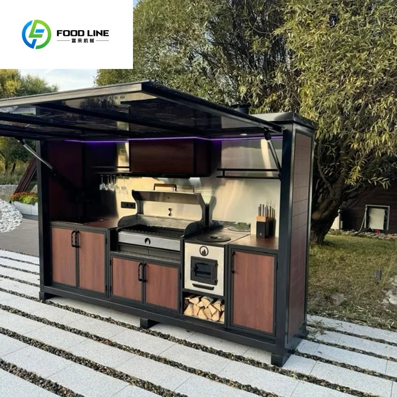 Modular Modern Mediterranean Outdoor Kitchen Heavy Duty BBQ Grill Aluminum Cabinet Pizza Oven Marble Countertop Garden